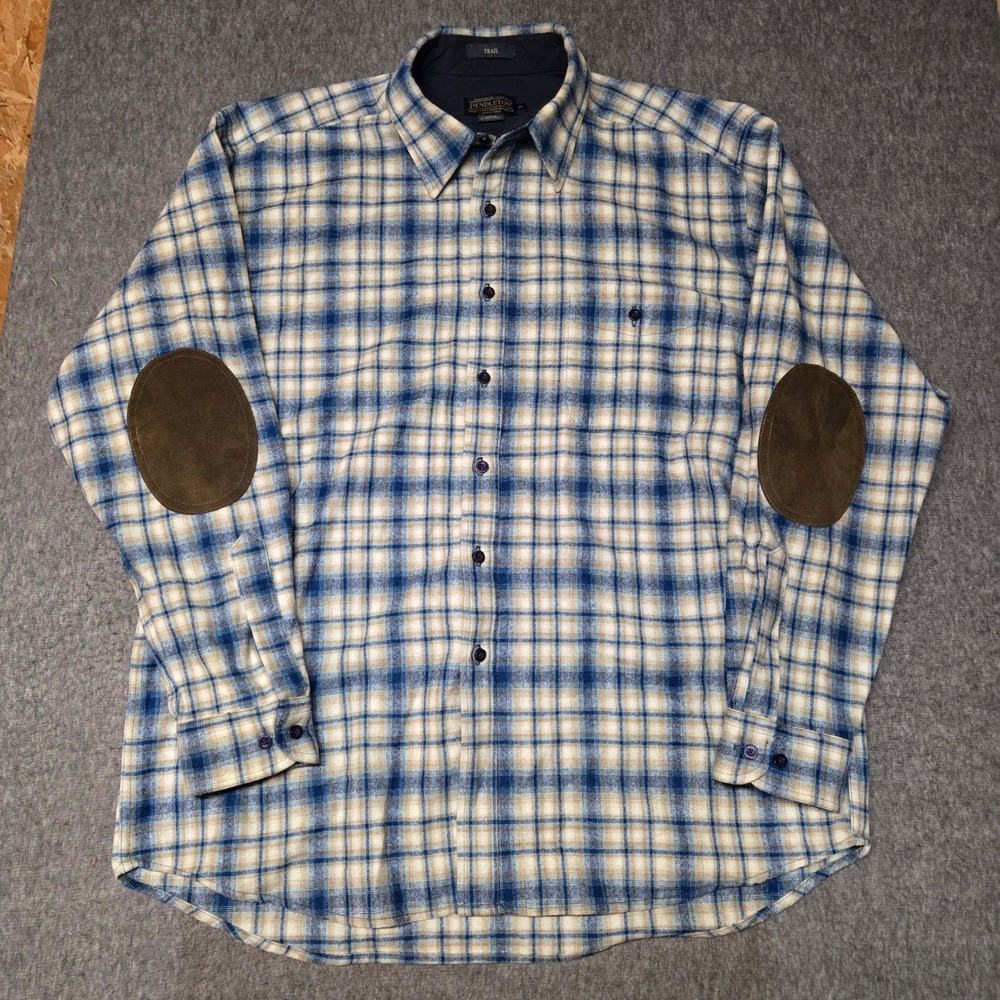 Pendleton Trail Shirt Mens XL Blue Plaid Wool Elbow Patch Button Up Flannel